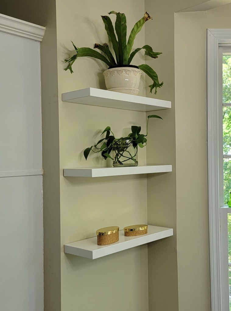 White painted floating shelves for dining room, Sheppard Bracket Hardware, Charlotte, NC