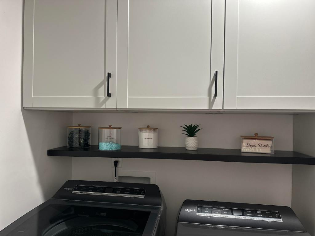 Black floating shelf for laundry room, solid pine, custom made, sturdy.